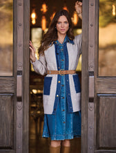 Load image into Gallery viewer, Cable Knit Coatigan with Denim Patch Pockets