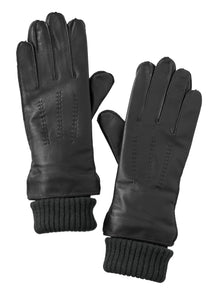 Leather Glove With Knit Cuffs - Black