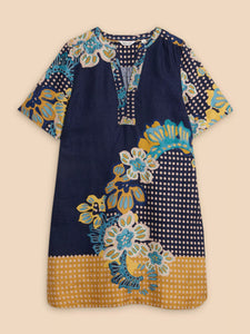 June Linen Shift Dress - Navy Print