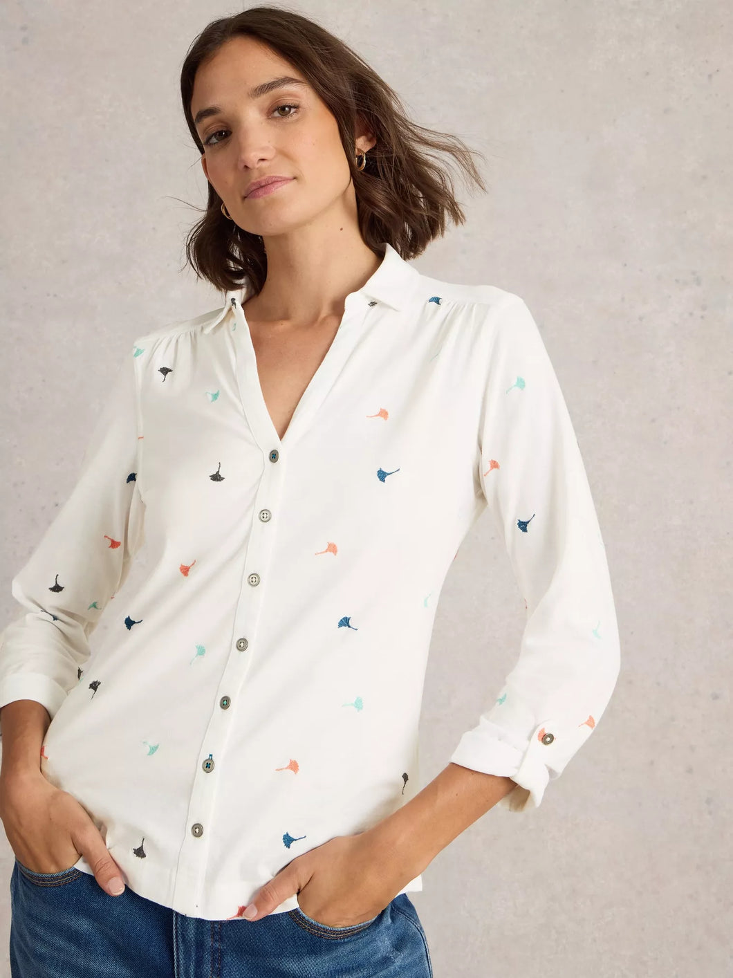 Annie Embroidered Jersey Shirt - Ivory Multi