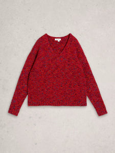 Textured V Neck Jumper - Red