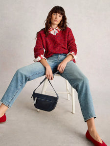 Textured V Neck Jumper - Red