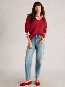 Textured V Neck Jumper - Red