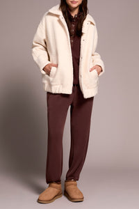 Snap Front Boucle Bomber Jacket - Cream