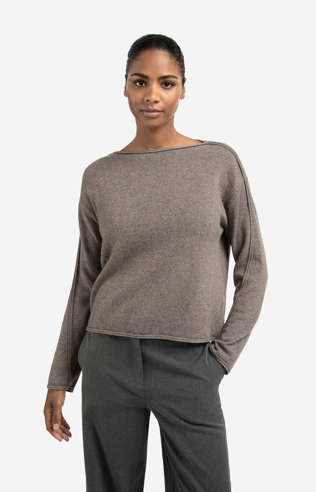 Wool Blend Boatneck Sweater - Brown Melange