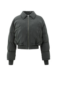 Cropped Puffer Jacket With Collar - Black