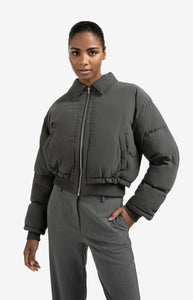 Cropped Puffer Jacket With Collar - Black