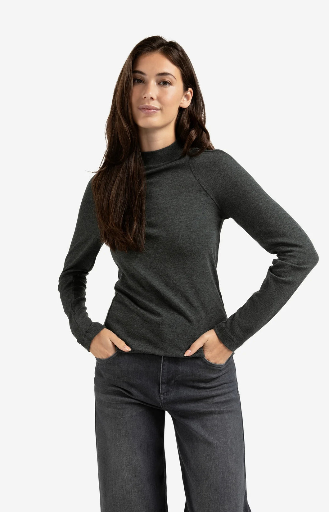 Fitted Mock Neck Long Sleeve Top - Anthracite
