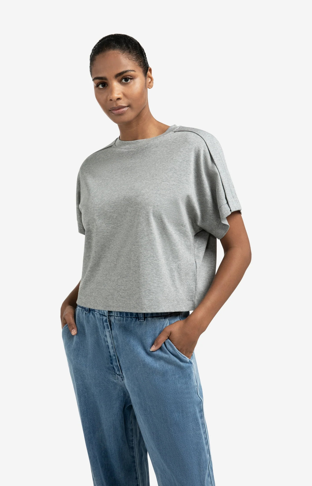 Cotton Jersey Top With Fold Detail - Grey