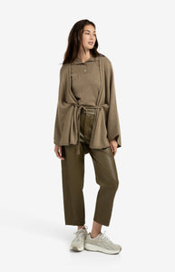 Wool & Cashmere Blend Poncho with Tie Belt - Caper Melange