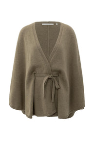 Wool & Cashmere Blend Poncho with Tie Belt - Caper Melange