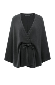Wool & Cashmere Blend Poncho with Tie Belt - Oyster Black
