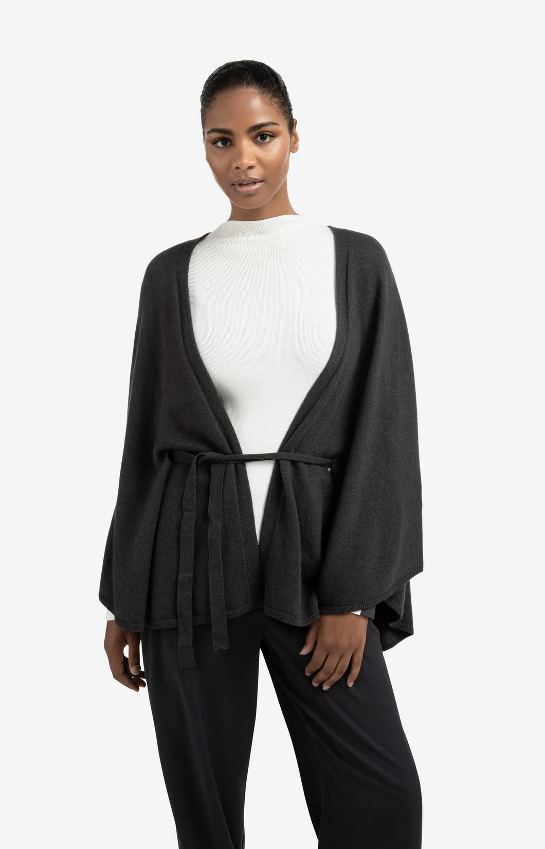 Wool & Cashmere Blend Poncho with Tie Belt - Oyster Black