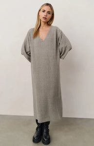 Knit V Neck Dress - Brown Grey
