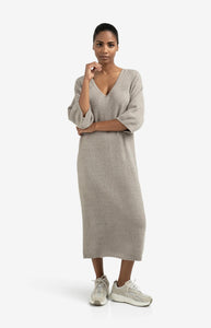 Knit V Neck Dress - Brown Grey