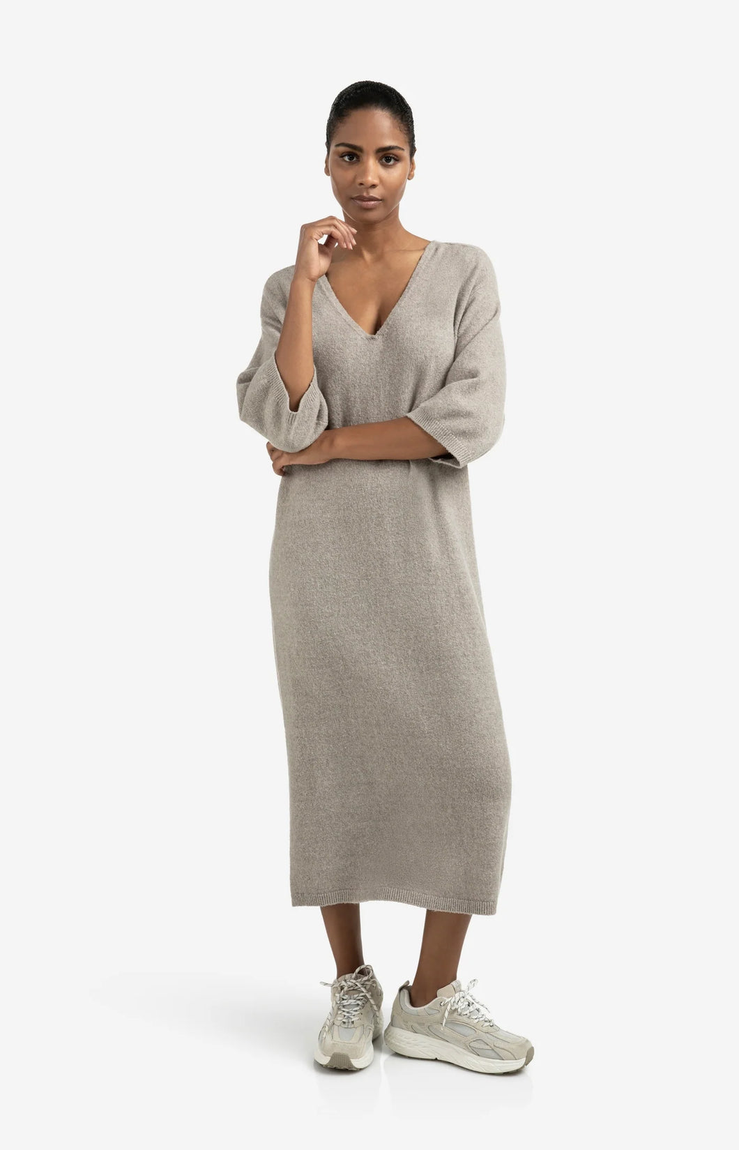 Knit V Neck Dress - Brown Grey