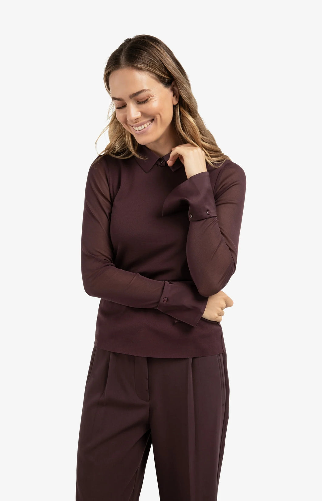 Mesh Long Sleeve Top with removable cuffs - Burgundy