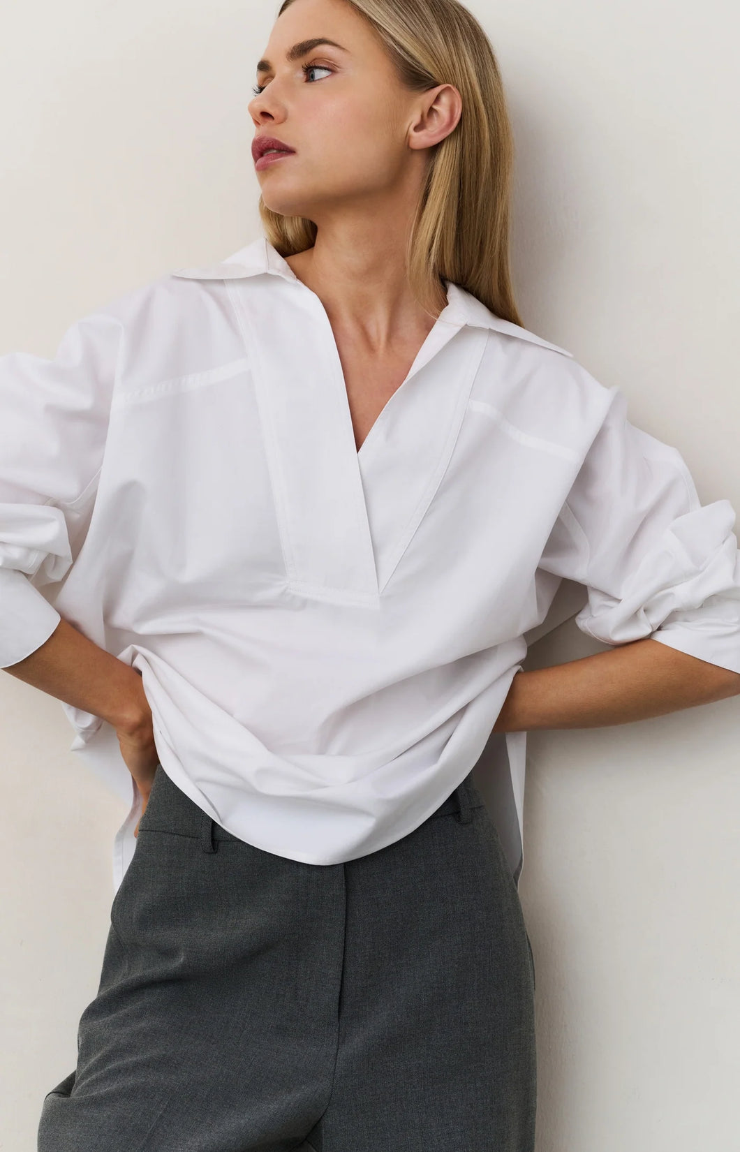 Poplin Blouse with Polo Collar - White