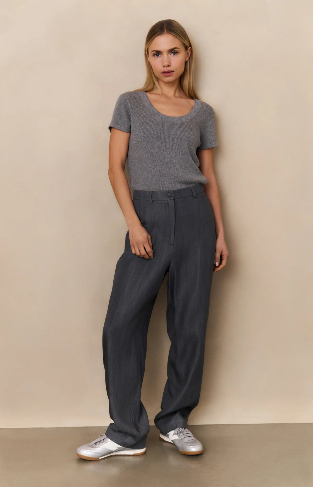 Cotton Blend Fine Knit Sweater - Grey