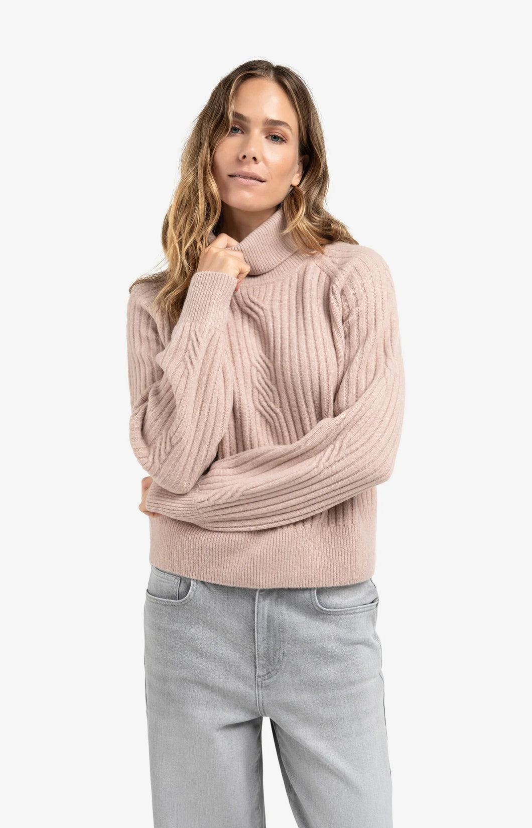 Ribbed Turtleneck Sweater - Grey Pink Melange