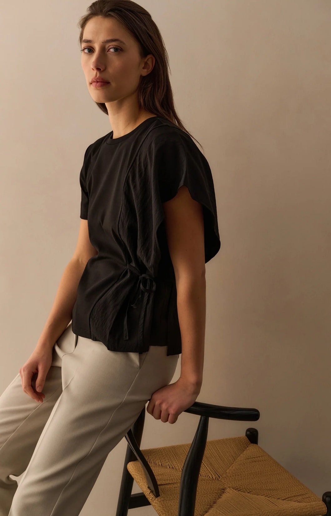 Cotton blend top with tie detail - Black
