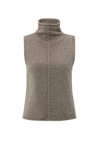 Sleeveless Sweater with Cable Detail - Brown Melange