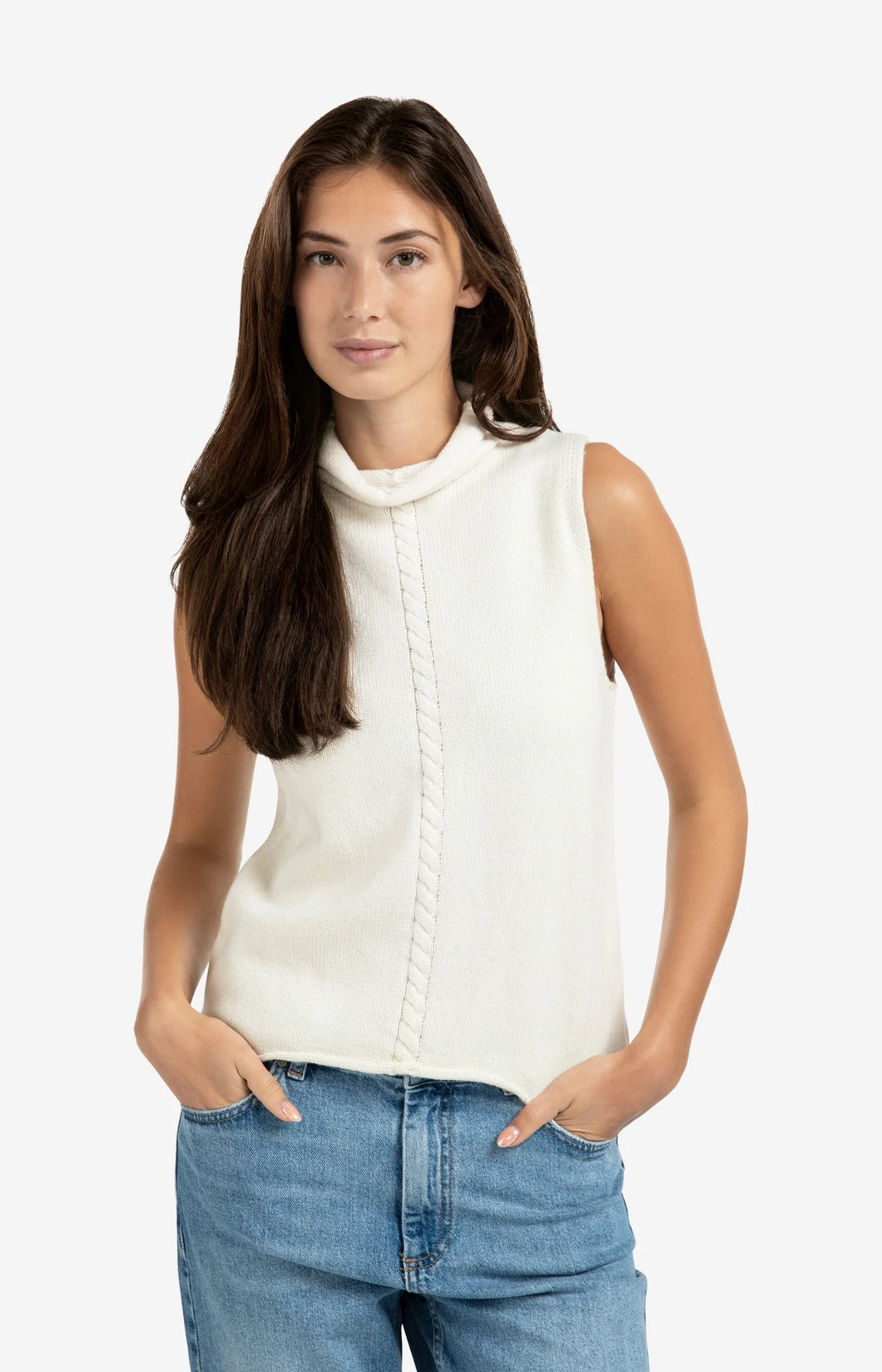 Sleeveless Sweater with Cable Detail - Off White