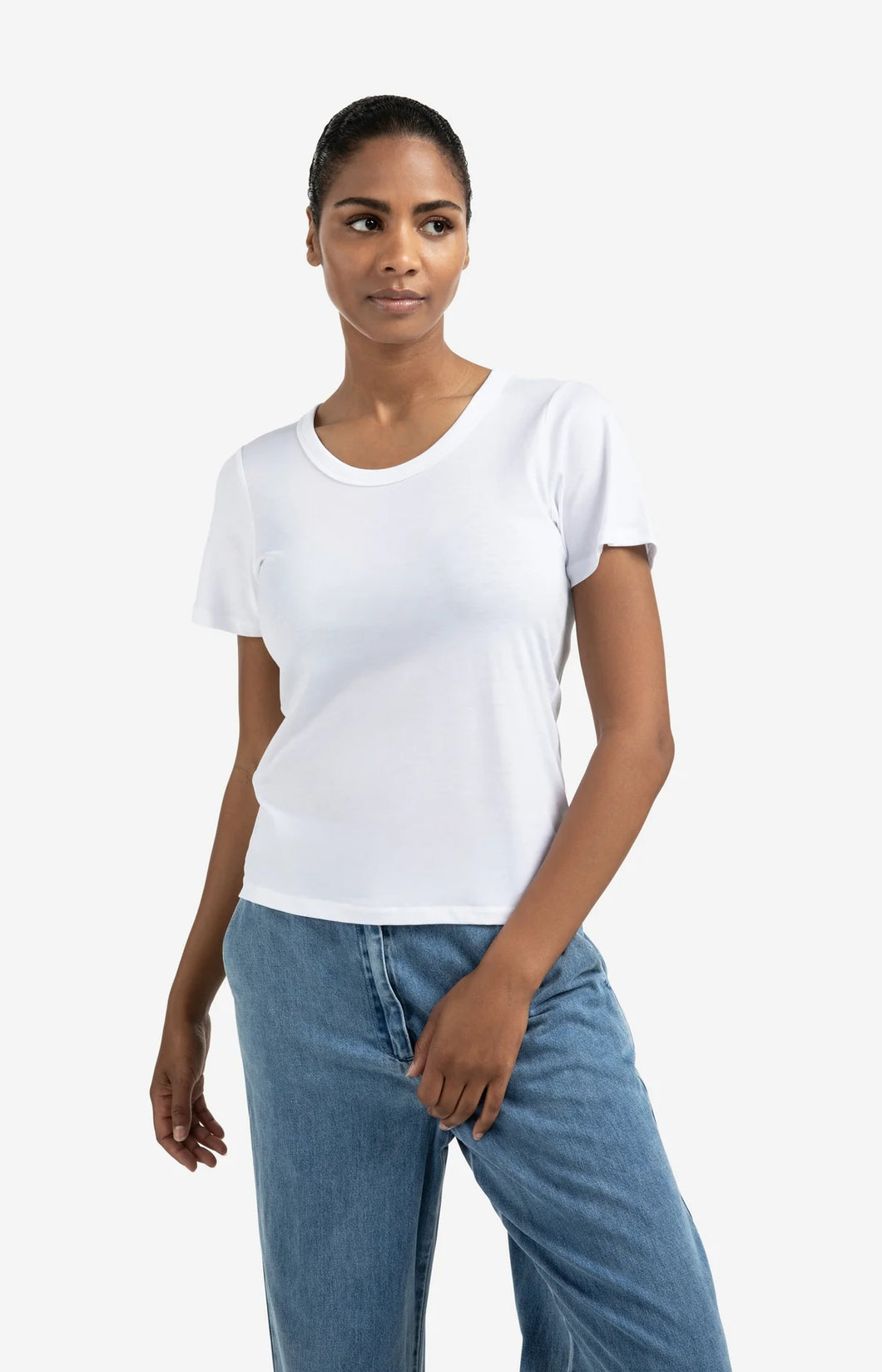 Round Neck Cotton Blend Tee - White