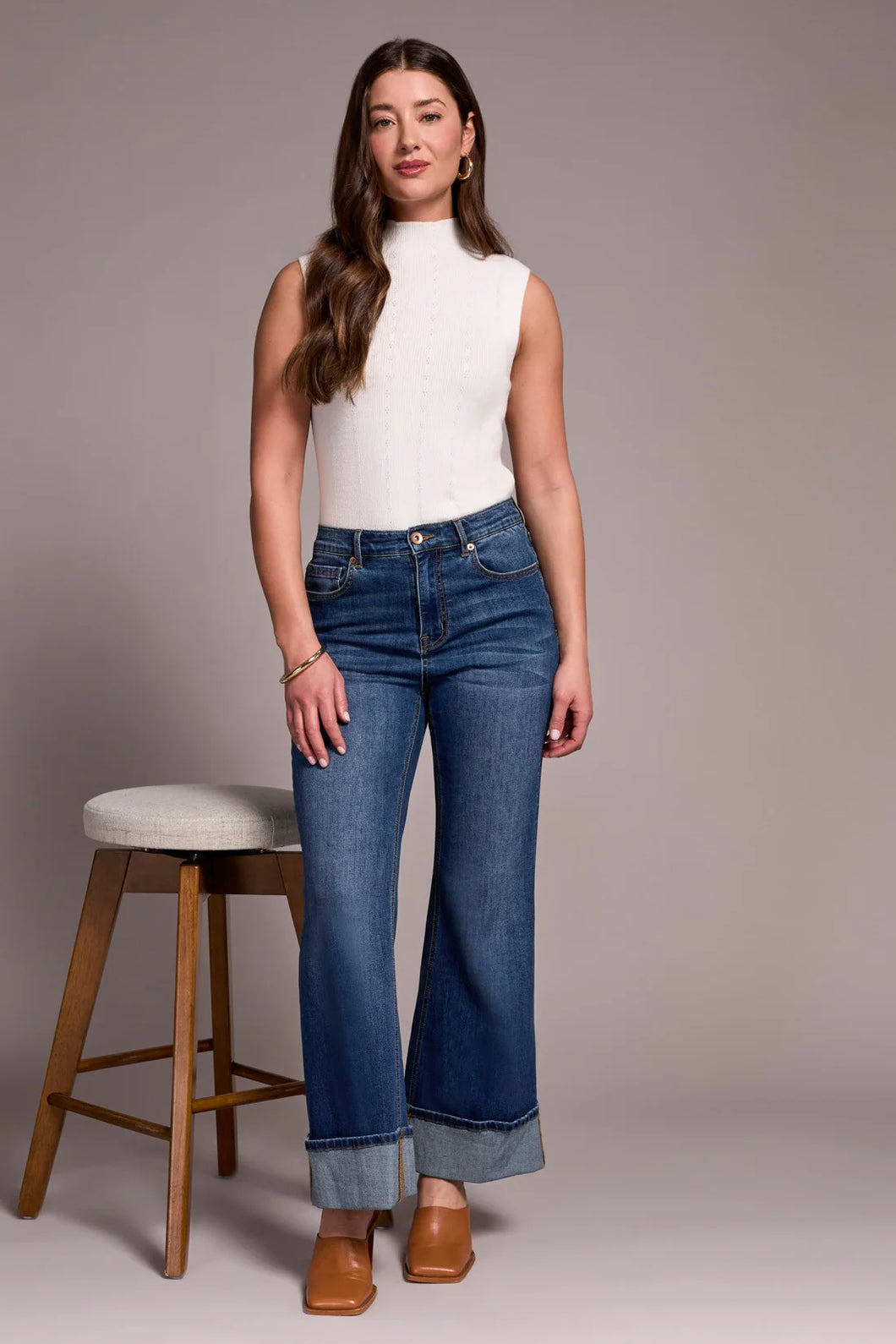 Brooke Cuffed Palazzo Jean - Antique Blue