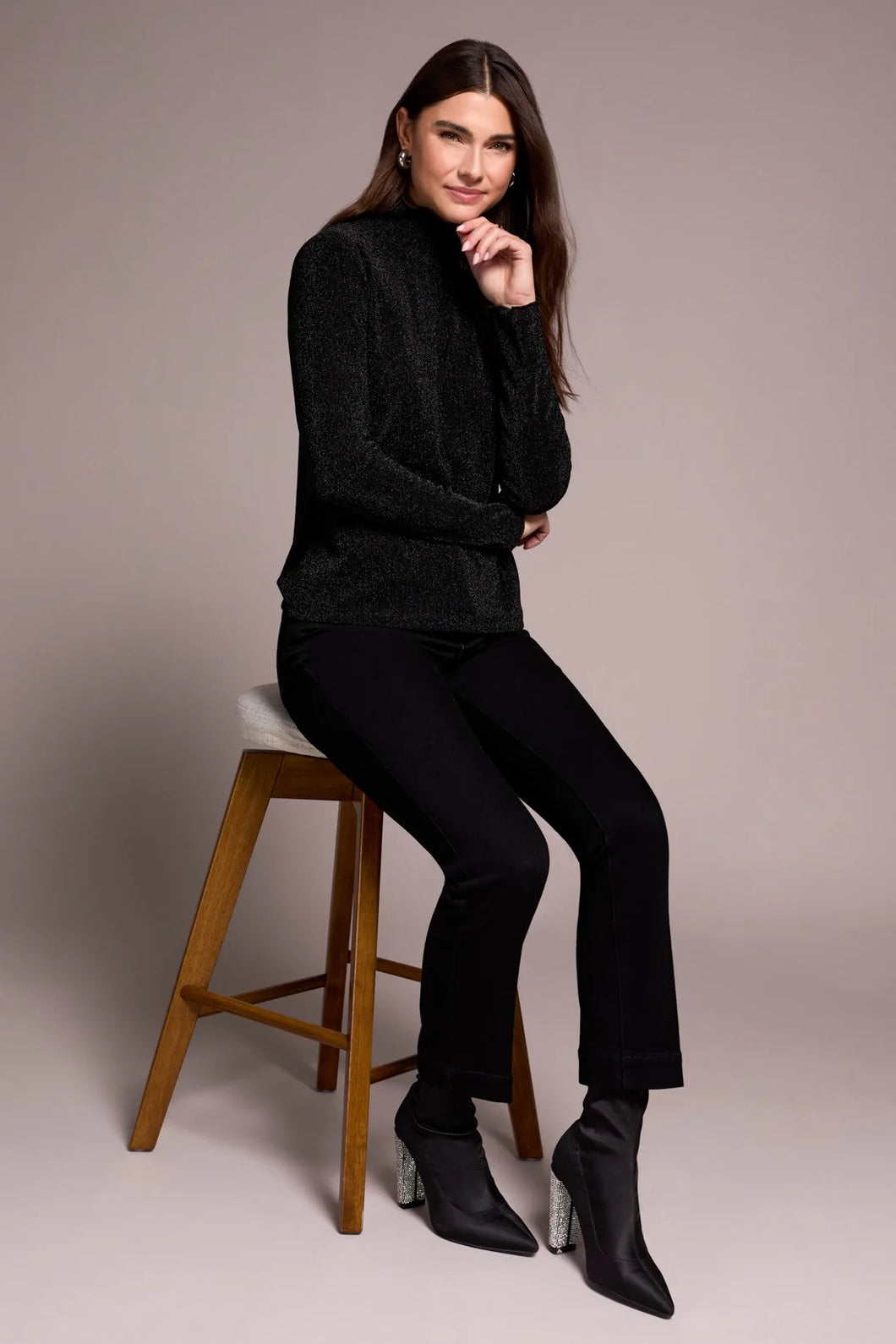 Lurex Long Sleeve Mock Neck - Black