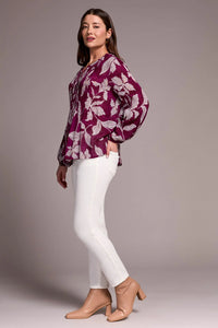 Printed Jacquard Pintuck Front Blouse - Plum