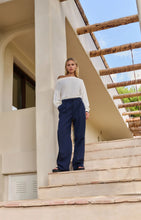 Load image into Gallery viewer, Wide Leg Cotton Trouser with Pleat &amp; Drawstring Detail - Navy
