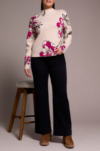 Jacquard Knit Funnel Neck Sweater - Pink Print