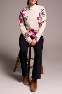 Jacquard Knit Funnel Neck Sweater - Pink Print