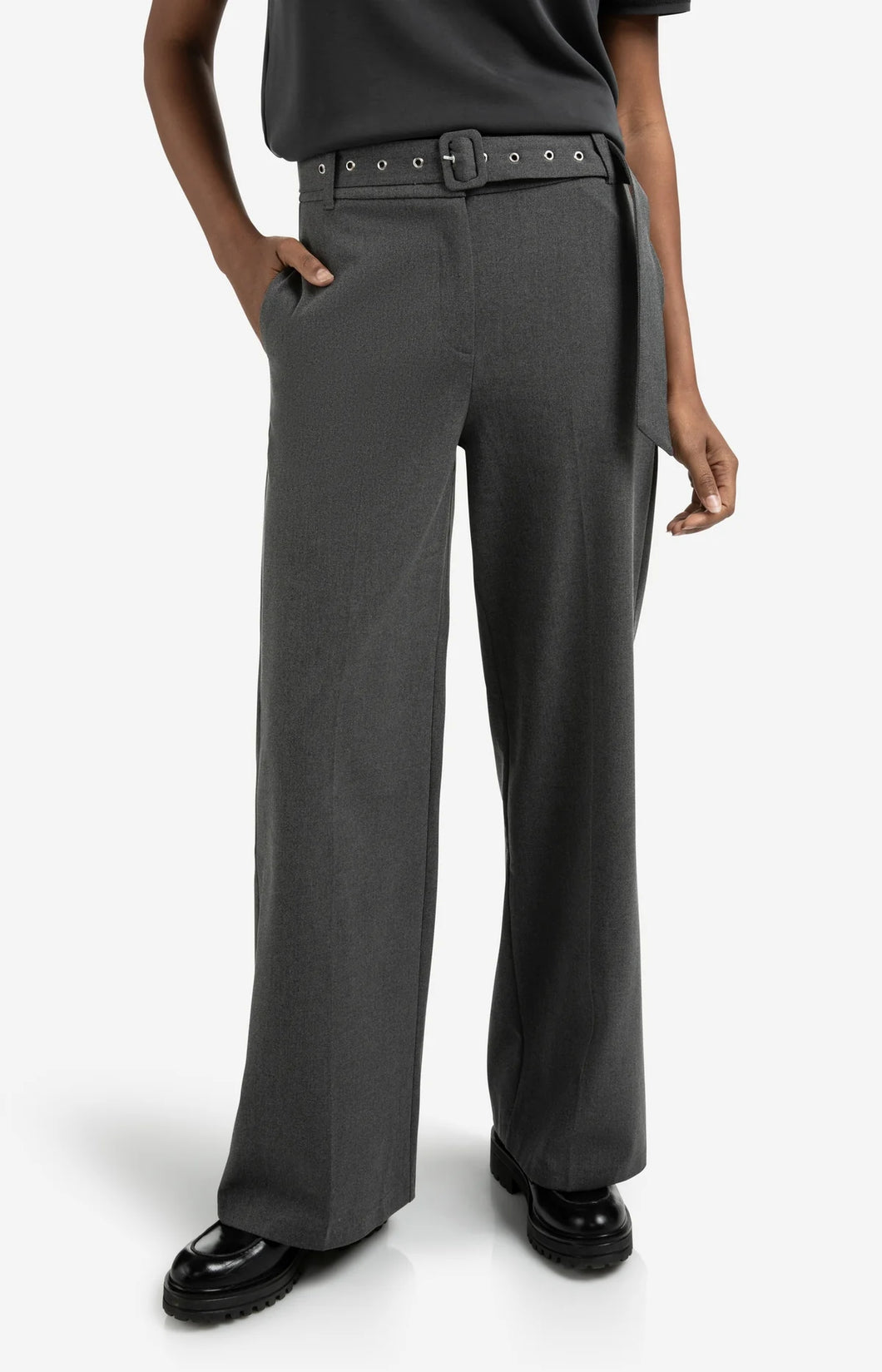 Wide Leg Woven Trouser with Belt - Anthracite